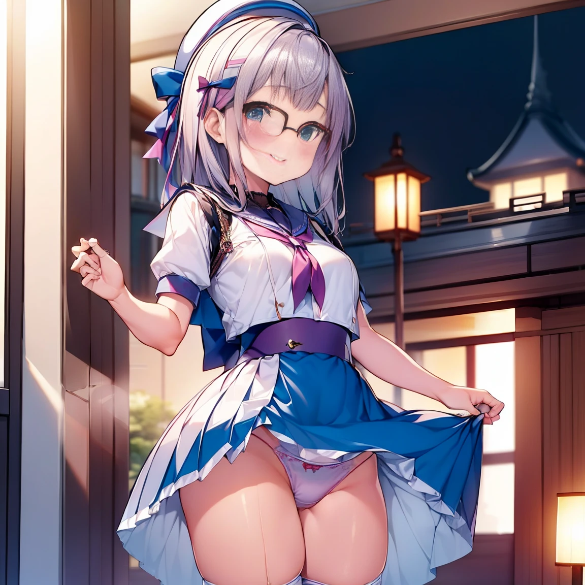 8K、masterpiece、Japanese、Woman wearing glasses、Neon(nod)、from the front、smile、Childish、Small breasts、See-through underwear、night、Bedroom、Show your underwear、mini skirt