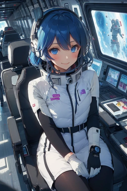 masterpiece, highest quality, high resolution, breasts, 20yo,1 girl,(solo):2,,blonde hair,(inside space station):2,flying:2,floatong:2,zero gravity,wind:1.5,anime lovelive style,
BREAK
headphone,(futurstic tight-fit bodysuit):2,(shiny silver long downvest):100,(northface silver metallic puffy downvest):2,(puffy):2,(black sleeves):5,(black tights):2,(black belt),futuristic boots and gloves,(smartwatch):100,astrovest
BREAK
1 girls, sitting in spacecraft cabin with 4-point seat belt, securely fastened, space station interior, looking out of large windows at Earth below, beautiful eyes, she have aluminum foil pouch,(aluminum foil pouch with plastic viewing window):2, contains nutritious liquid or puree together, smiling and chatting, bright and cheerful expressions, high quality cinematic lighting, detailed textures, sharp focus,blue hair,blue eyes,