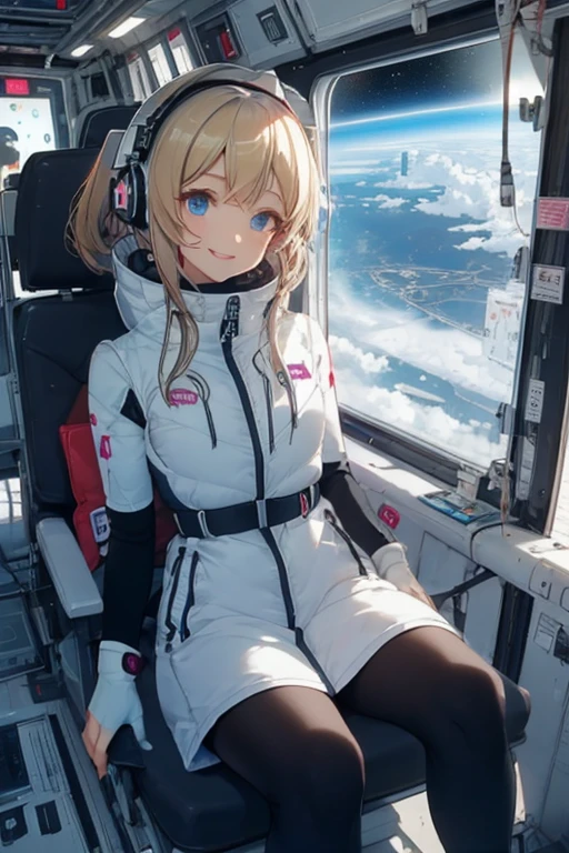 masterpiece, highest quality, high resolution, breasts, 20yo,1 girl,(solo):2,,blonde hair,(inside space station):2,flying:2,floatong:2,zero gravity,wind:1.5,anime lovelive style,

BREAK
headphone,(futurstic tight-fit bodysuit):2,(shiny silver long downvest):100,(northface silver metallic puffy downvest):2,(puffy):2,(black sleeves):5,(black tights):2,(black belt),futuristic boots and gloves,(smartwatch):100,astrovest
BREAK
1 girls, sitting in spacecraft cabin with 4-point seat belt, securely fastened, space station interior, looking out of large windows at Earth below, beautiful eyes, she have aluminum foil pouch,(aluminum foil pouch with plastic viewing window):2, contains nutritious liquid or puree together, smiling and chatting, bright and cheerful expressions, high quality cinematic lighting, detailed textures, sharp focus,blue hair,blue eyes,
