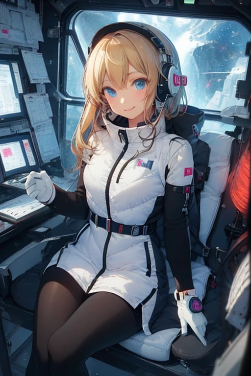 masterpiece, highest quality, high resolution, breasts, 20yo,1 girl,(solo):2,,blonde hair,(inside space station):2,flying:2,floatong:2,zero gravity,wind:1.5,anime lovelive style,
BREAK
headphone,(futurstic tight-fit bodysuit):2,(shiny silver long downvest):100,(northface silver metallic puffy downvest):2,(puffy):2,(black sleeves):5,(black tights):2,(black belt),futuristic boots and gloves,(smartwatch):100,astrovest
BREAK
1 girls, sitting in spacecraft cabin with 4-point seat belt, securely fastened, space station interior, looking out of large windows at Earth below, beautiful eyes, she have aluminum foil pouch,(aluminum foil pouch with plastic viewing window):2, contains nutritious liquid or puree together, smiling and chatting, bright and cheerful expressions, high quality cinematic lighting, detailed textures, sharp focus,blue hair,blue eyes,