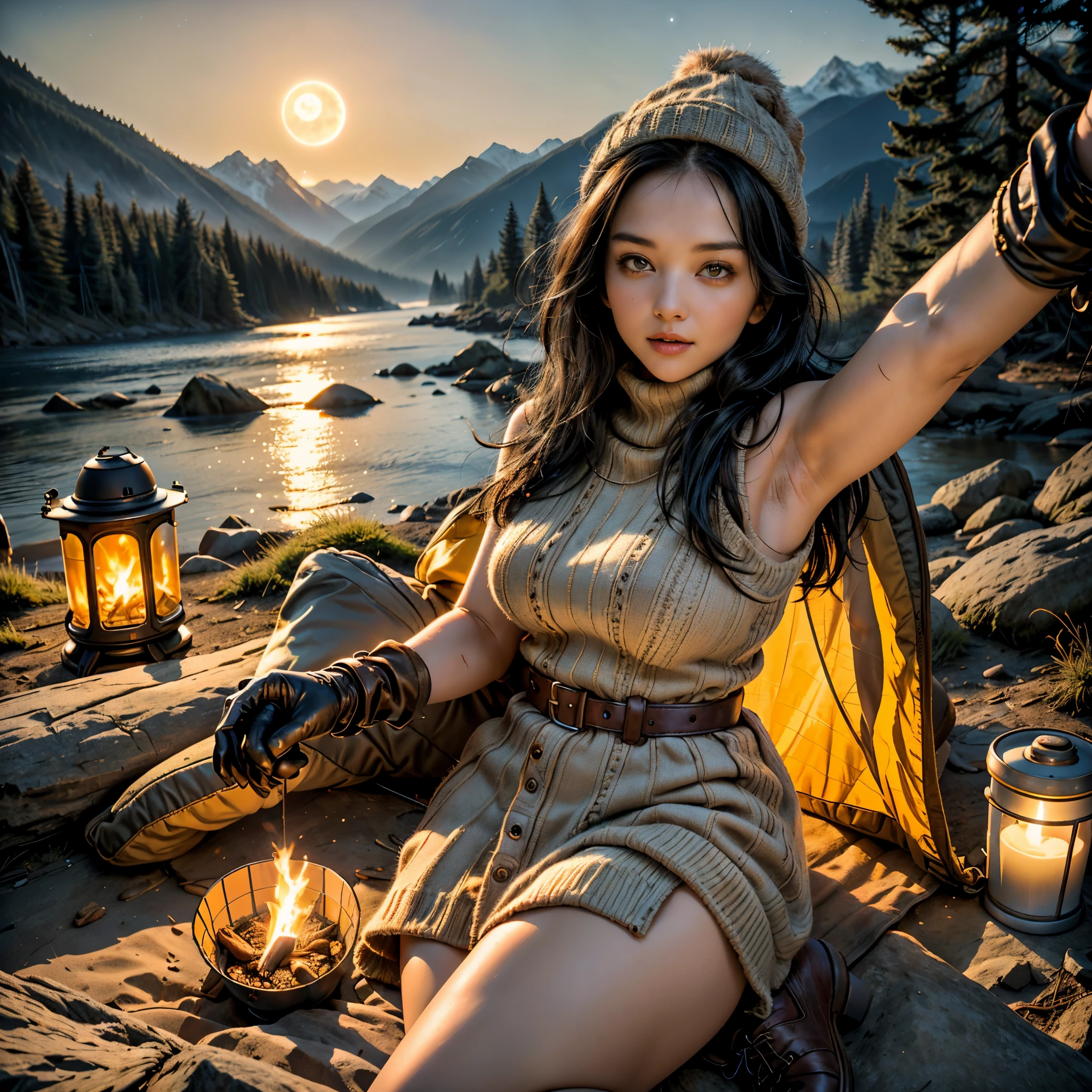 1 woman((upper body selfie, happy)), masterpiece, best quality, ultra-detailed, solo, outdoors, (night), mountains, nature, (stars, moon) cheerful, happy, backpack, sleeping bag, camping stove, water bottle, mountain boots, gloves, sweater, hat, flashlight, forest, rocks, river, wood, smoke, shadows, contrast, clear sky, analog style (look at viewer:1.2) (skin texture) (film grain:1.3), (warm hue, warm tone), jenya.d