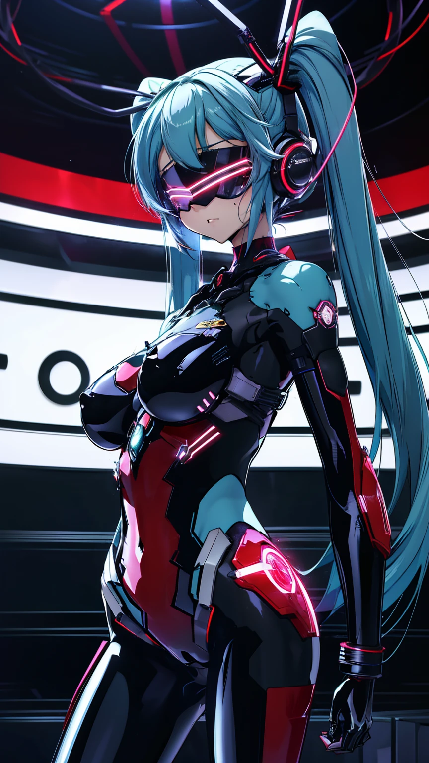 {{1 female},{{{{{Tabletop++, Highest quality++, Super detailed+, Ultra-high resolution,(Realistic:1.4)Cowboy Shot,Hatsune Miku, (vocaloid)RAW Photos,(Hatsune Miku)+,(Hatsune Miku)+, (vocaloid) Expressionless, Light blue hair, Red eyes ,clavicle, Twin tails, ((Black Bodysuit 1.6)),so beautiful, Highest quality, Absurd, One Girl, Brainwashed,}}}} Hollow Eyes,(Eyes glow red :1.4)), ((Big Breasts：1.1))、(The shape of the genitals is clearly visible)) cyber punk, Dark Lab, Dark Room,(Neon Light:1.2), (night:1.5), (Stand up and raise your right arm in a salute, Place your left hand on your hip)