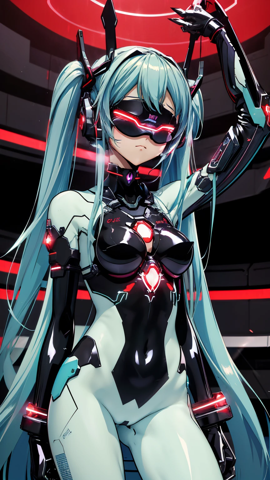 {{1 female},{{{{{Tabletop++, Highest quality++, Super detailed+, Ultra-high resolution,(Realistic:1.4)Cowboy Shot,Hatsune Miku, (vocaloid)RAW Photos,(Hatsune Miku)+,(Hatsune Miku)+, (vocaloid) Expressionless, Light blue hair, Red eyes ,clavicle, Twin tails, ((Black Bodysuit 1.6)),so beautiful, Highest quality, Absurd, One Girl, Brainwashed,}}}} Hollow Eyes,(Eyes glow red :1.4)), ((Big Breasts:1.1))、(The shape of the genitals is clearly visible)) cyber punk, Dark Lab, Dark Room,(Neon Light:1.2), (night:1.5), (Stand up and raise your right arm in a salute, Place your left hand on your hip)