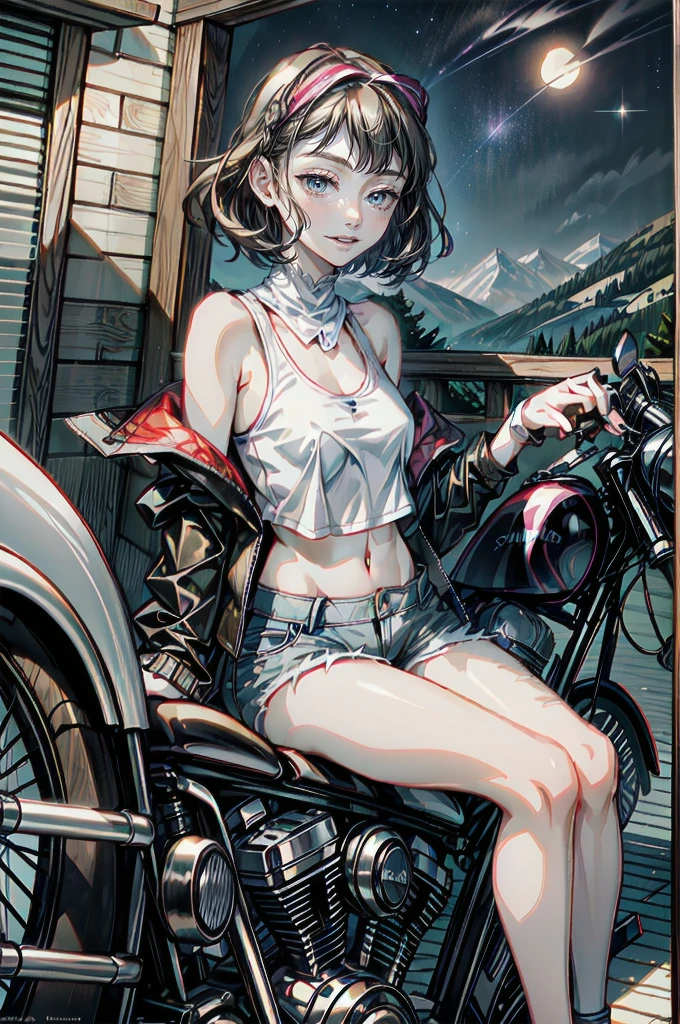 (cowboy shot), (Perfect Anatomy, top-quality、The ultra -The high-definition、high resolution、extremely details CG、8K Unit Wallpapers), mature 20-year-old, solo, Beautiful detailed eyes, black hair, short bob hair, blunt bang, (small breasts, slender body, athletic), gleaming skin, oily skin,( punk fashion, leather jacket, tank top、micro shorts), (drive a motorcycle,Harley-Davidson), on road at night, Starry Sky with Mountains and Lake, Jessica Rossier, Inspired by Jessica Rossier, Jessica Rossier Fantasy Art, Concept Art Magic Highlights, Official Artwork, Dream Painting, Ethereal Realm, Atmospheric artwork, dreamy matte paintings, serene endless stars inspired by Ted Nasmith, moonlit starry environments, epic music album covers.