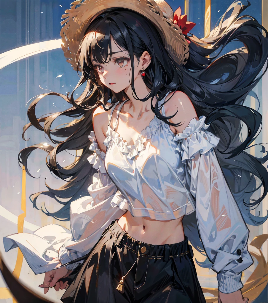 ((((absurdres, RAW photo, extremely delicate and beautiful, masterpiece, Best Quality, ultra high resolution, 32k, hyperrealistic, ultra-detailed)))), in her 20s, very Slim body, narrow waist, very small head, very small face, delicate facial features, beautiful face, beautiful eyes, ((very huge round tits)), medium hair, black hair, wavy hair, tearful mole, earring, full body shot, casual, blouse, white shirt, buttoned shirt, bare shoulders, collarbone, midriff, navel, shorts, straw hat,