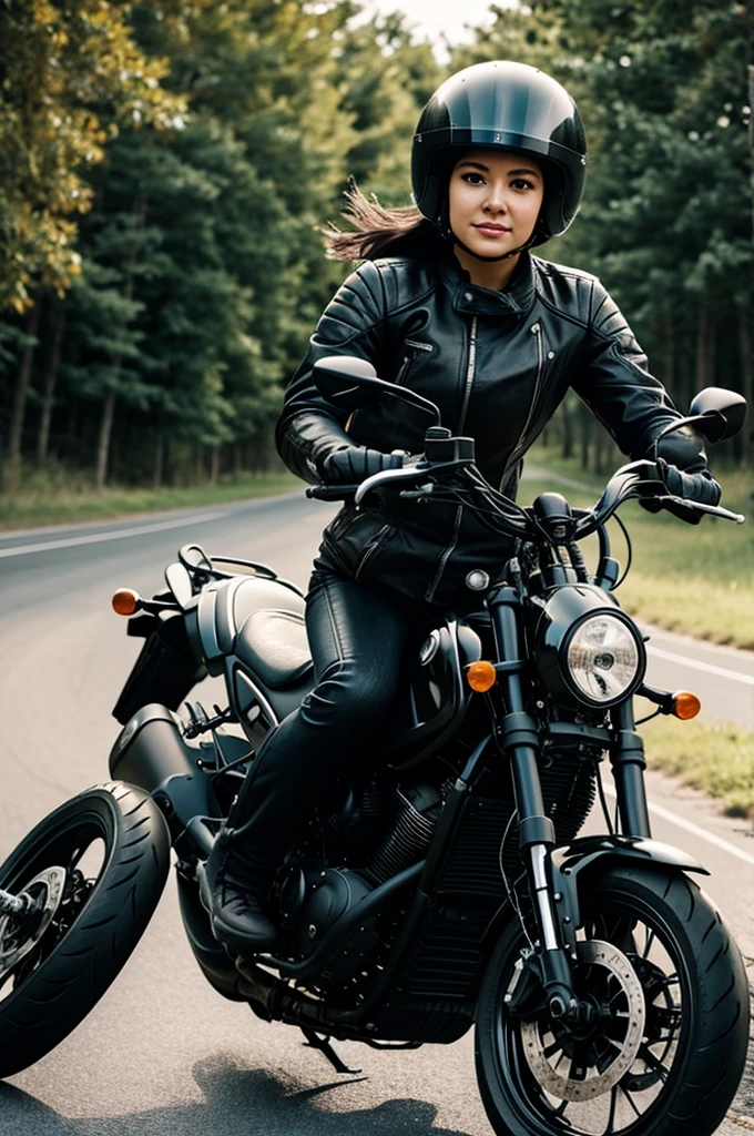 Woman driving black motorcycle with black helmet
