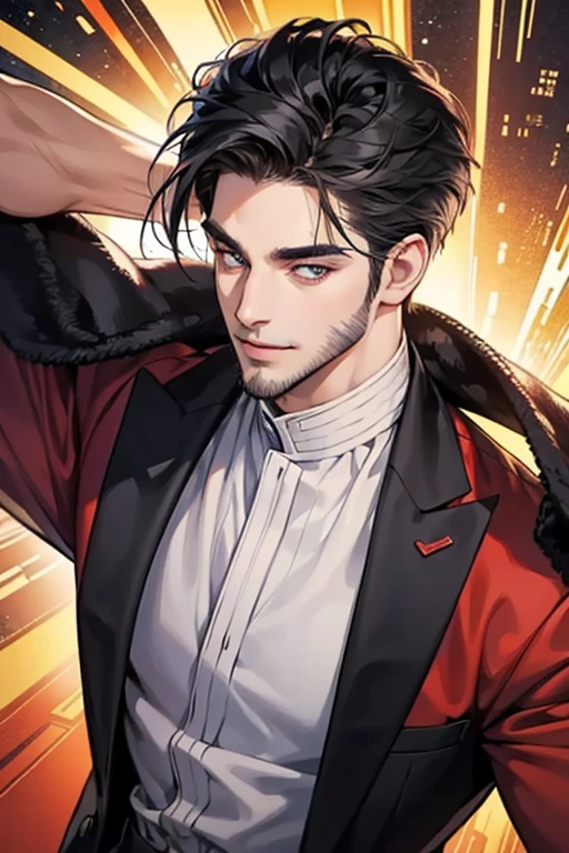 a handsome 30 year old man with 3 day beard, dark hair, sharp jawline, mesmerizing eyes, perfectly styled hair, wearing a cool anime outfit, confident expression, vibrant colors, dynamic lighting, CEO expression smile in love, 8k, high quality, photorealistic, ultra-detailed, masterpiece