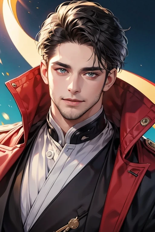 a handsome 30 year old man with 3 day beard, dark hair, sharp jawline, mesmerizing eyes, perfectly styled hair, wearing a cool anime outfit, confident expression, vibrant colors, dynamic lighting, CEO expression smile in love, 8k, high quality, photorealistic, ultra-detailed, masterpiece