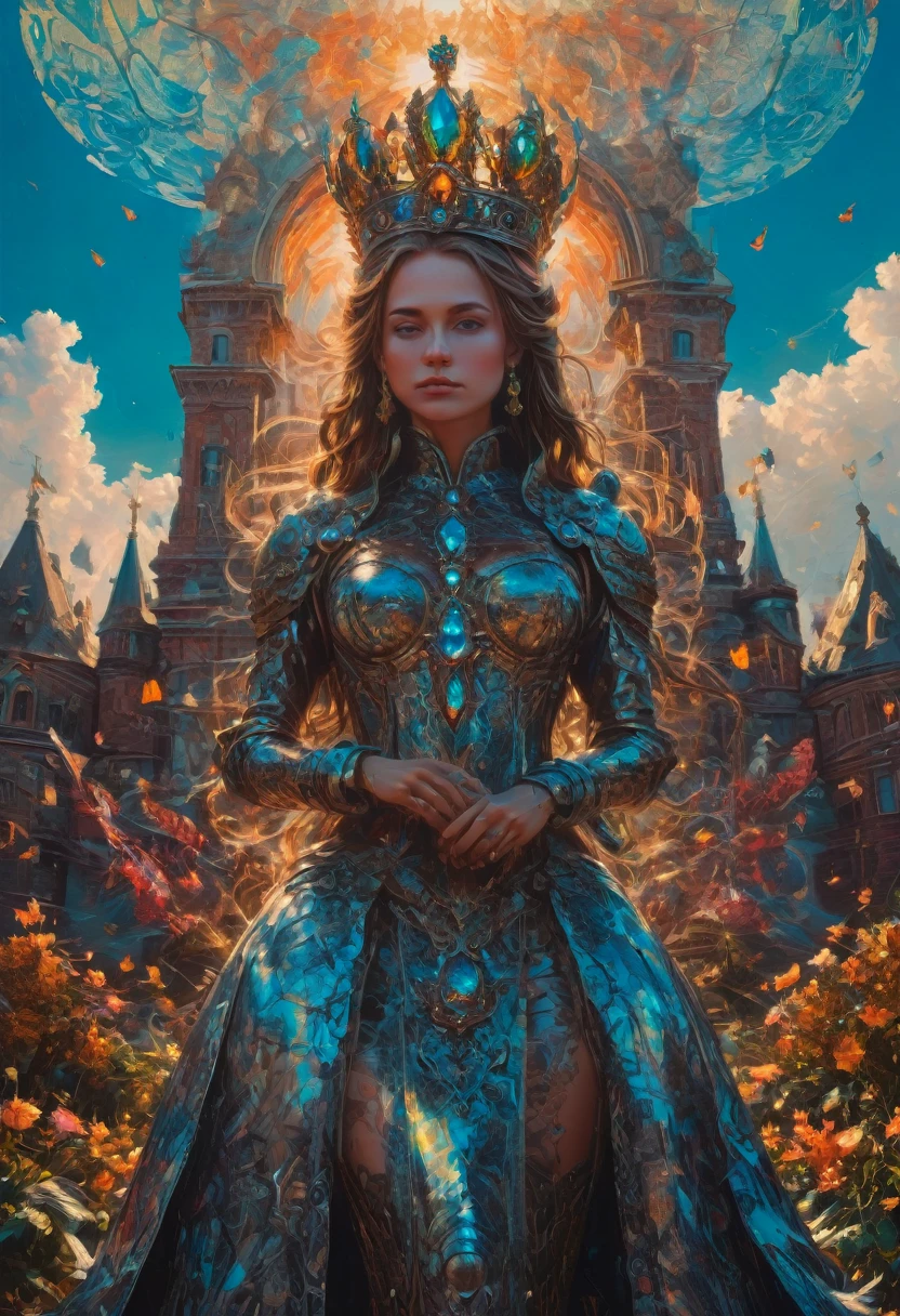 Queen, crown, pose, full body, by Alena Aenami, photo, panoramic, detailed background, best quality, masterpiece, very aesthetic, perfect composition, intricate details, ultra-detailed