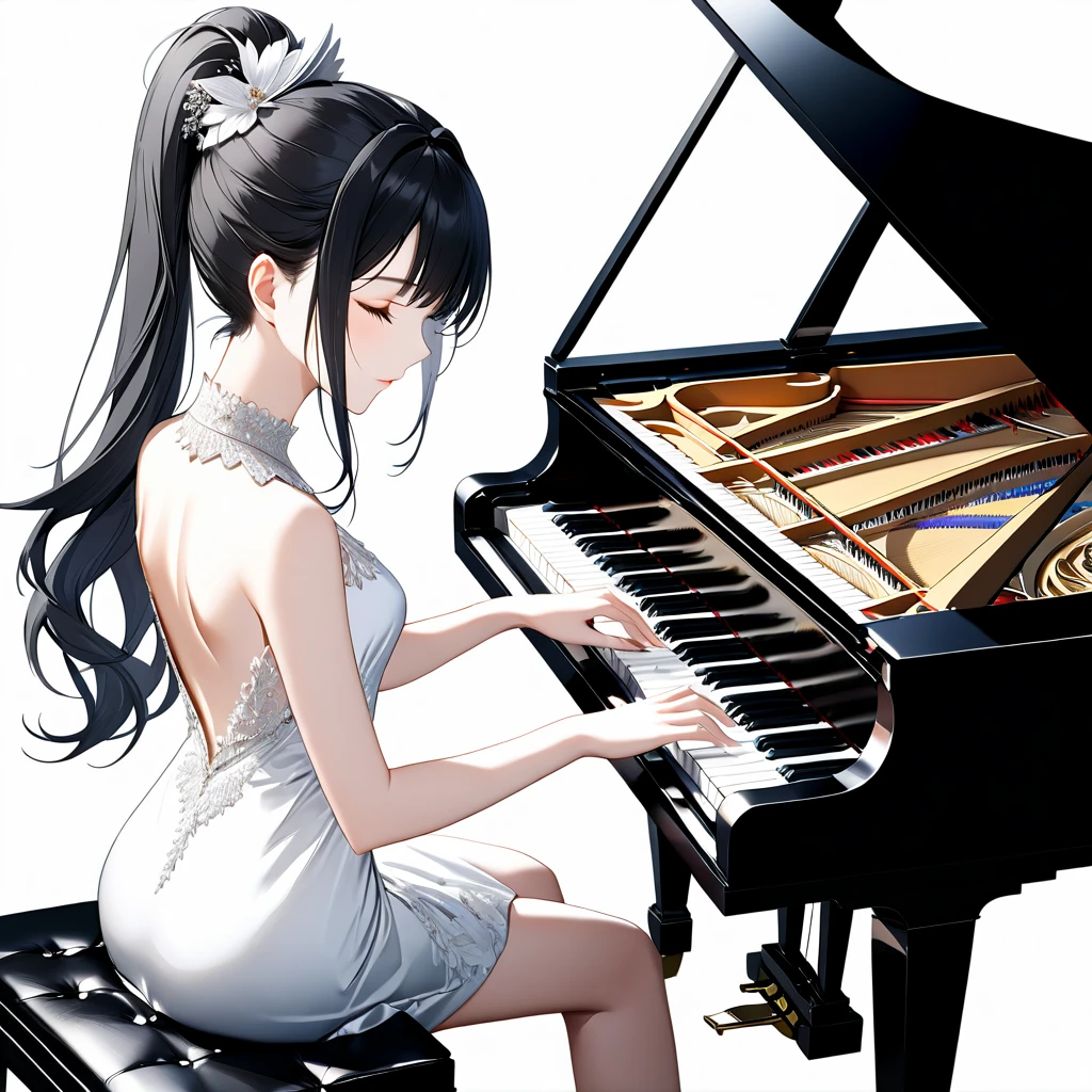 (((White background:1.5)))、(very wide shot)、(masterpiece、Ultra HD、Highest quality、Masterpiece、４K:1.2)、Slender body、Elegant pianist playing the piano、  Intricate details, Highly detailed fingers、Black hair ponytail、White elegant dress, Intricate details、(((close eyes:1.5)))
