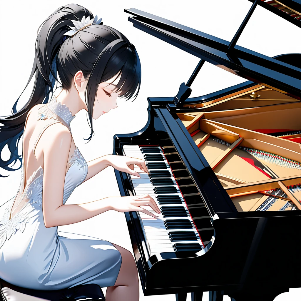 (((White background:1.5)))、(very wide shot)、(masterpiece、Ultra HD、Highest quality、Masterpiece、4K:1.2)、Slender body、Elegant pianist playing the piano、 Intricate details, Highly detailed fingers、Black hair ponytail、White elegant dress, Intricate details、(((close eyes:1.5)))
