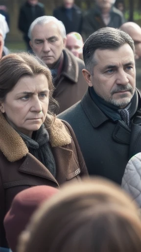 group of Ukrainian men and women gathered, focus on faces.