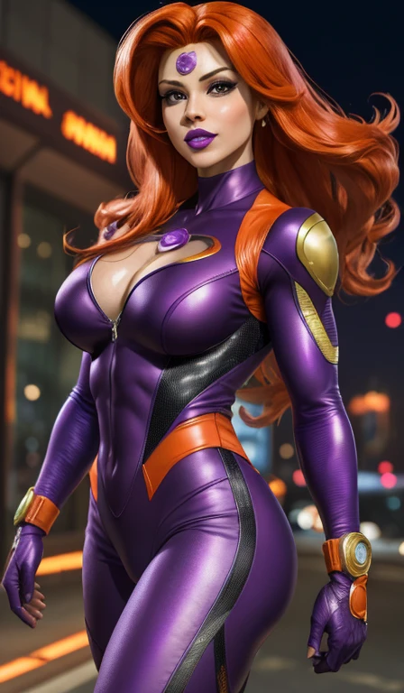 (Masterpiece, 4k resolution, ultra-realistic, very detailed), Super heroine, long orange hair, purple leather suit, muscular body, full purple lips, purple lipstick, large breasts, starfire, cum between breasts