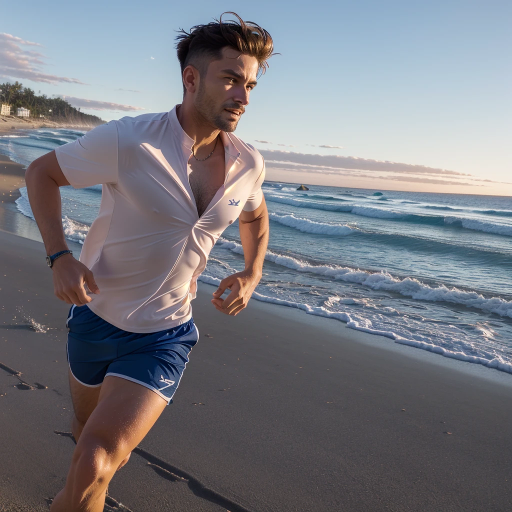 There is a man who is running on a beach in shorts and a shirt.