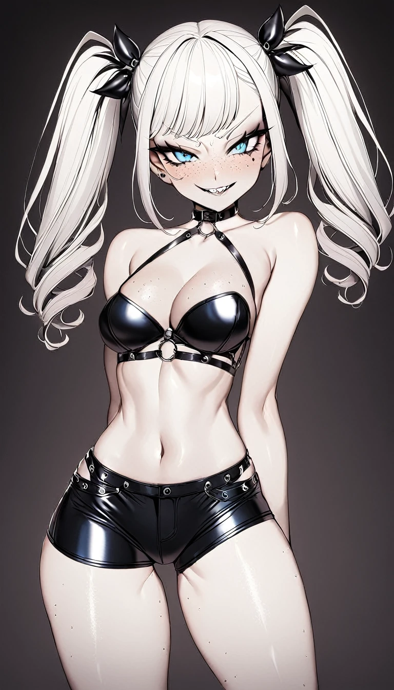 1 Girl, Goth Clothes, Goth Style, Medium Breasts, Booty Shorts, Blue Eyes, Platinum White Hair, Twin Tail Hair Style, Pale White Skin, Smooth Skin, Face Freckles, Leather Straps on Thighs, Nice Cleavage, Slutty, Sexy, Sassy, Smirking, Tease, Teasing,