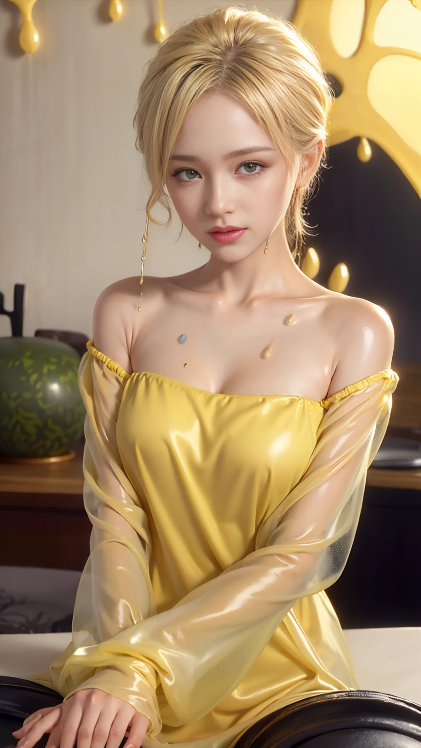 (High resolution,Tabletop:1.2),Super detailed,(Realistic:1.37),Portraiture,Full Body Shot、Slime girl covered in yellow slime, (Partially transparent), (Wet), (Blue Sweat), Yellow liquid dripping from her body. Her hair is also covered in yellow slime.. Yellow slime scattered, Golden Hair, blue eyes、Super cute face