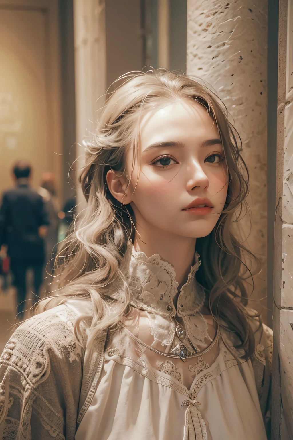 Raped woman with permed hair, what makeup, without makeup, Centrally separated curtain bangs, Profile picture, Use Instagram Filters, Subtle soft and dim light, Pose looking around the museum, Sculpture, Landmark, perfect face, julia sardinian, perfect hands, Random behavior, (full_body),