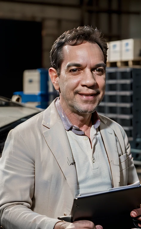 (Best Quality:1.3), Filming of movies, Masterpiece, (sharp focus:1.5), (natural:1.3), Medium portrait (a scientist in a white coat writing notes sitting in a chair next to a DeLorean. Give the scene a cheerful atmosphere.), in a lab, day, (highly refined leather), (detailed face), detailed background, daylight, volumetric lighting, intricate details, ultra high definition,
