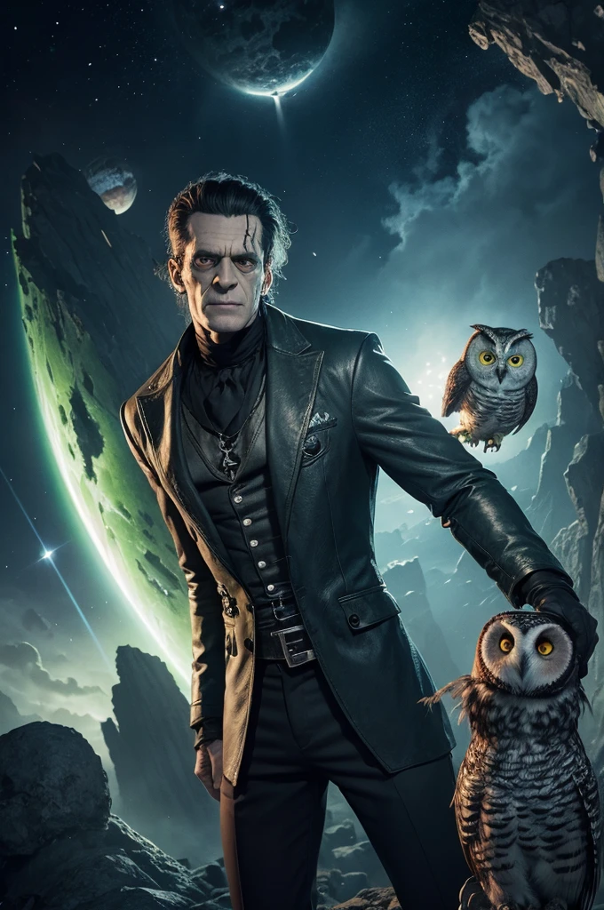 Frankenstein monster in space with an owl on his shoulder