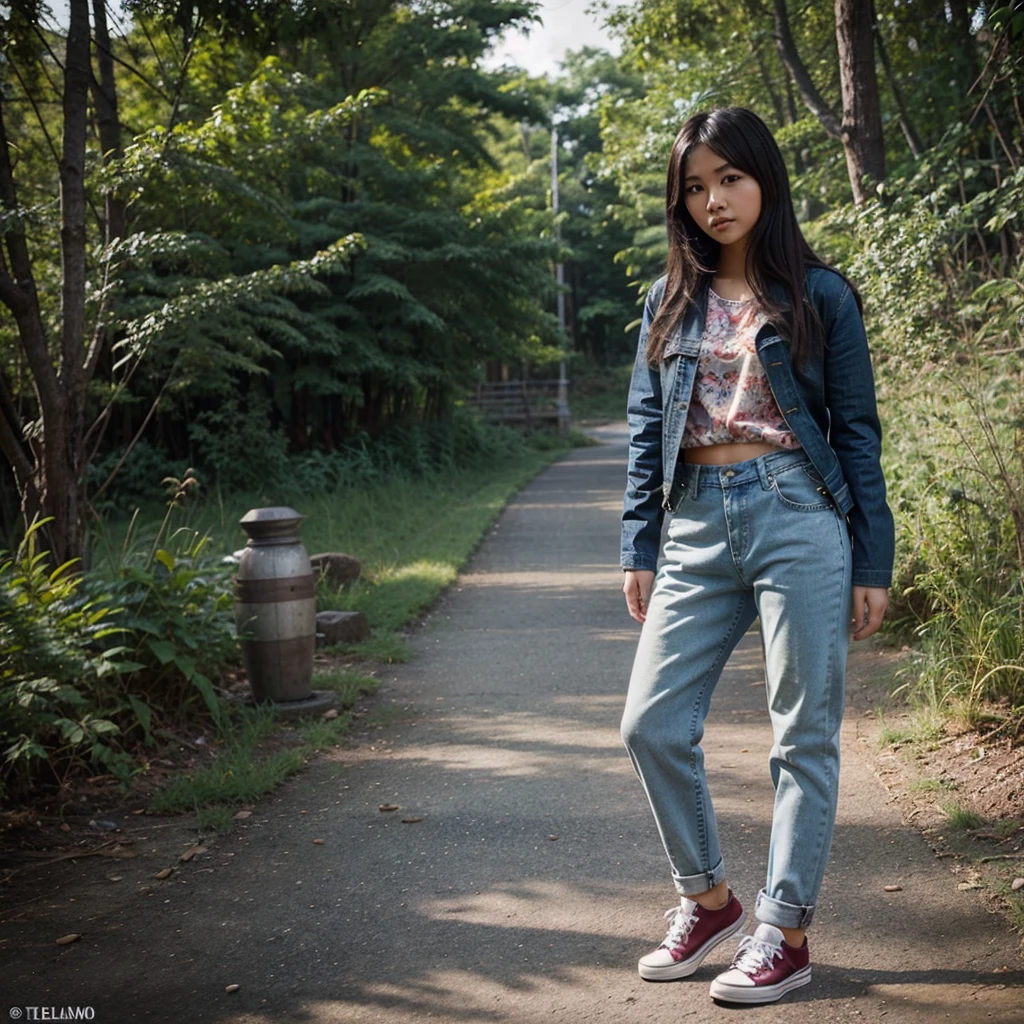 Photo of a beautiful asian girl,rambut panjang,jaket jeans,celana jeans,canvas shoes,take photos and pose in the beautiful open nature