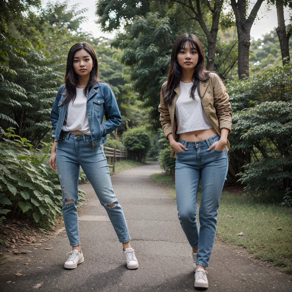 Photo of a beautiful asian girl,rambut panjang,jaket jeans,celana jeans,canvas shoes,take photos and pose in the beautiful open nature