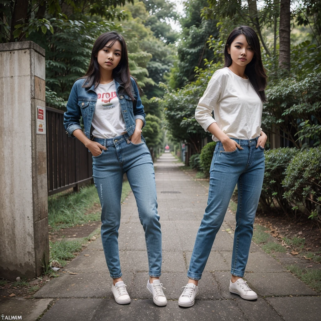 Photo of a beautiful asian girl,rambut panjang,jaket jeans,celana jeans,canvas shoes,take photos and pose in the beautiful open nature