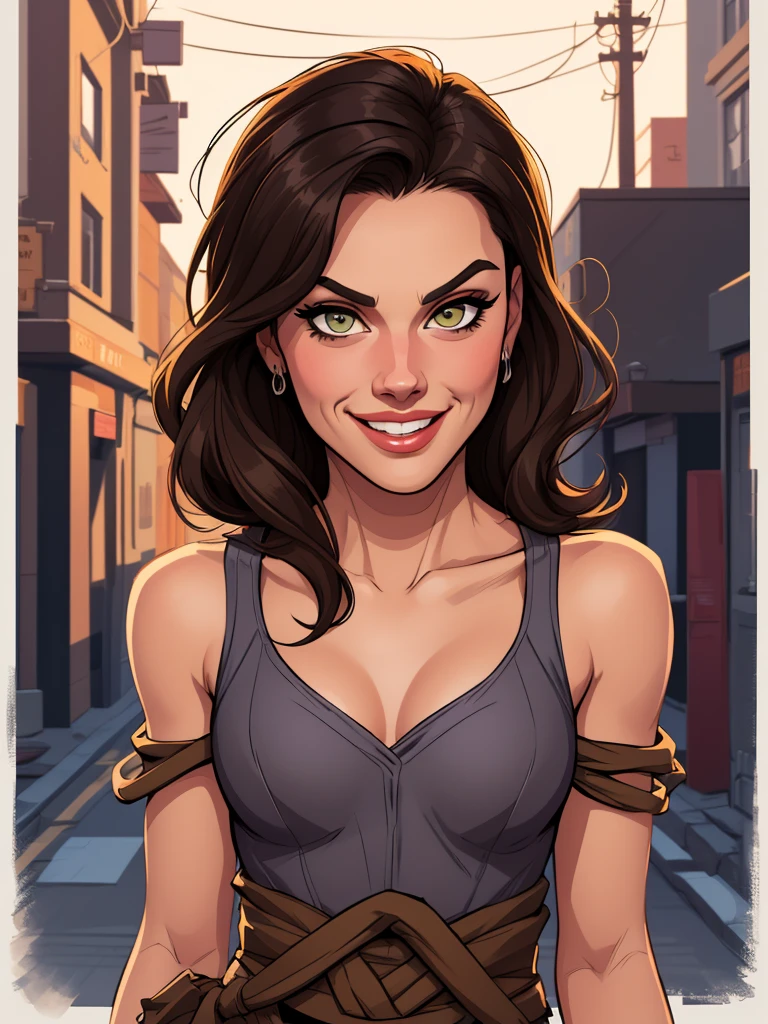 Xena princess warrior portrait mode sensual sesys style Cartoon style digital illustration together boyfriends Cartoon style character portrait mode Cartoon style character facial expression happy beautiful smile and six medium small portrait mode waist up