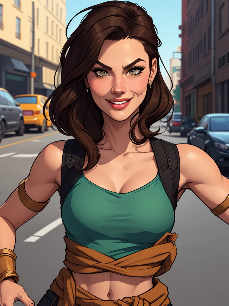 Xena princess GTA warrior sensual portrait mode sesys style Cartoon style digital illustration together boyfriends Cartoon style character portrait mode Character cartoon style facial expression happy beautiful smile and six medium small portrait mode waist up GTA