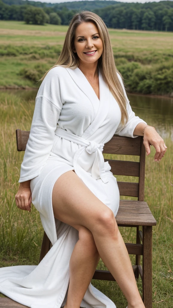 mature woman in, 60 years old, Alone, Long hair, Looking at the viewer, GrayBlonde hair, curvy body, Brown eyes, Jewelry, Full body, (wearing white Bathrobe with elegant patterned), Distant photo, Realistic, A sexy one, beautiful colour, Perfect skin, 3 bust size, instagram (Realistic, A high resolution),photo size 3:4, 1 cute sexy mature woman, large expressive blue eyes, happy, (8K, raw photo, Best quality, High detail, She sitting on chair, she sat in the chair, she smile with Extraordinary Pleasure expression, river and Meadow views background