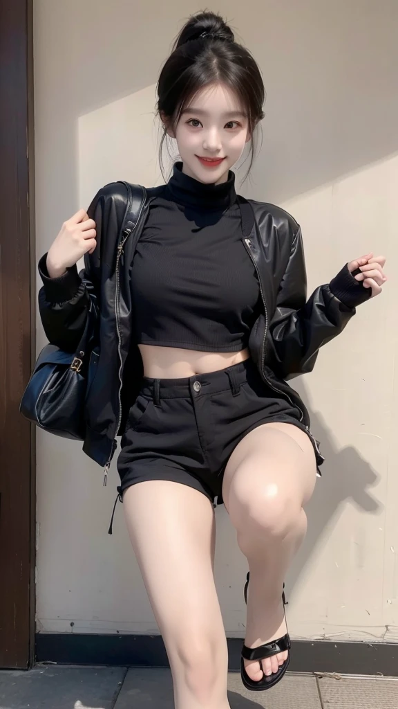 Japanese girl wearing black jacket and a black crop top, black shorts, sandals, has a six-pack stomach, a sweet smile while carrying a small black bag