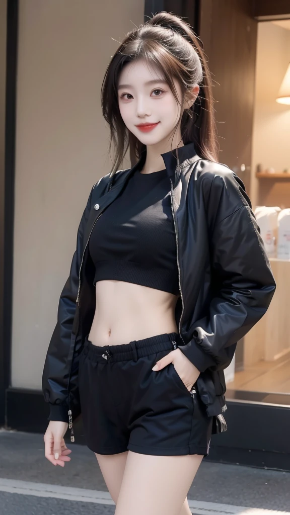 Japanese girl wearing black jacket and a black crop top, black shorts, sandals, has a six-pack stomach, a sweet smile while carrying a small black bag