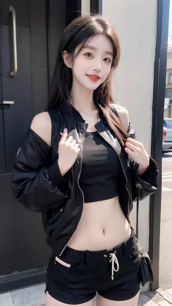 Japanese girl wearing black jacket and a black crop top, black shorts, sandals, has a six-pack stomach, a sweet smile while carrying a small black bag