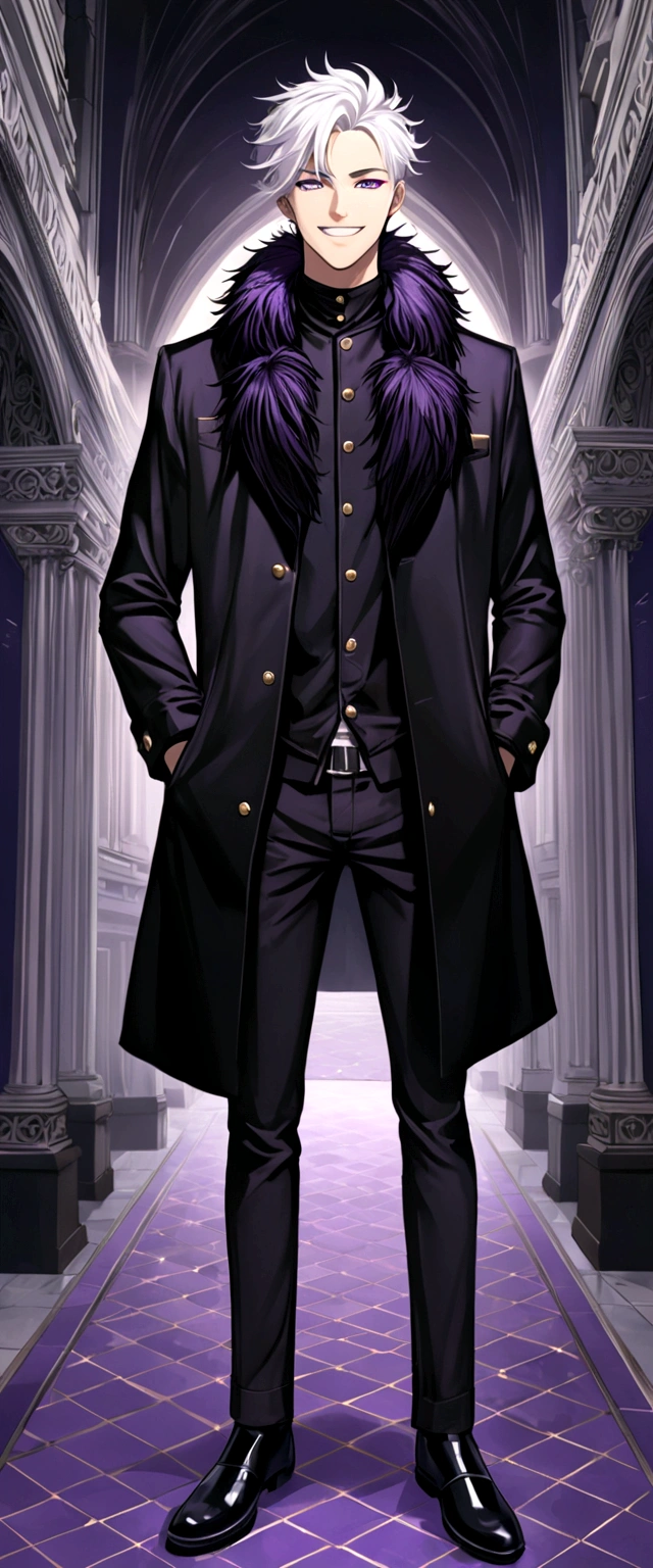 white haired young man. purple eyes. wearing a black jacket with fur on the collar. grinning.standing.full body