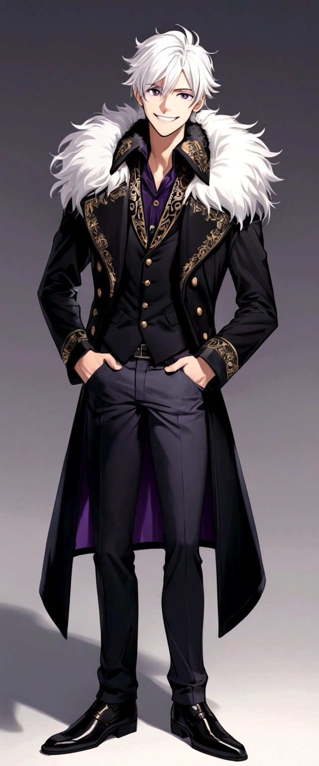 white haired young man. purple eyes. wearing a black jacket with fur on the collar. grinning.standing.full body
