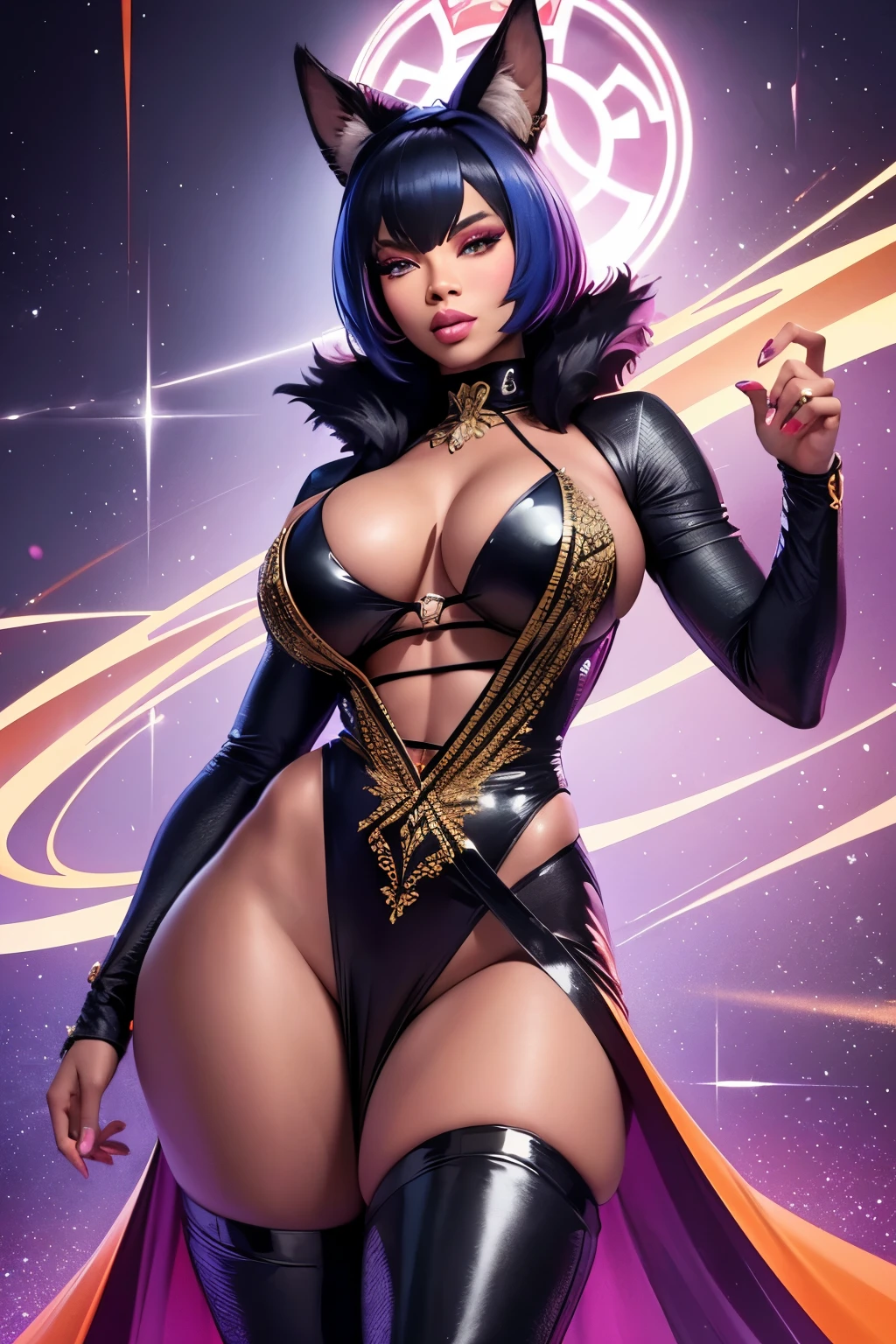 Objective: A captivating and epic portrait of Blac Chyna embodying the character Vixen from DC Comics, inspired by Megan Thee Stallion, in a hyper-stylized and visually striking manner.

Resolution: Fashioned in the style of manga/anime hand drawing, with an 80mm lens, 8K UHD resolution, high-resolution for sharp focus, and cinematic lighting to create an extremely detailed and visually stunning image. The image will showcase vibrant neon orange colors, with intricate details and a focus on Blac Chyna's exaggerated curves and wide trapezoidal hips. The image