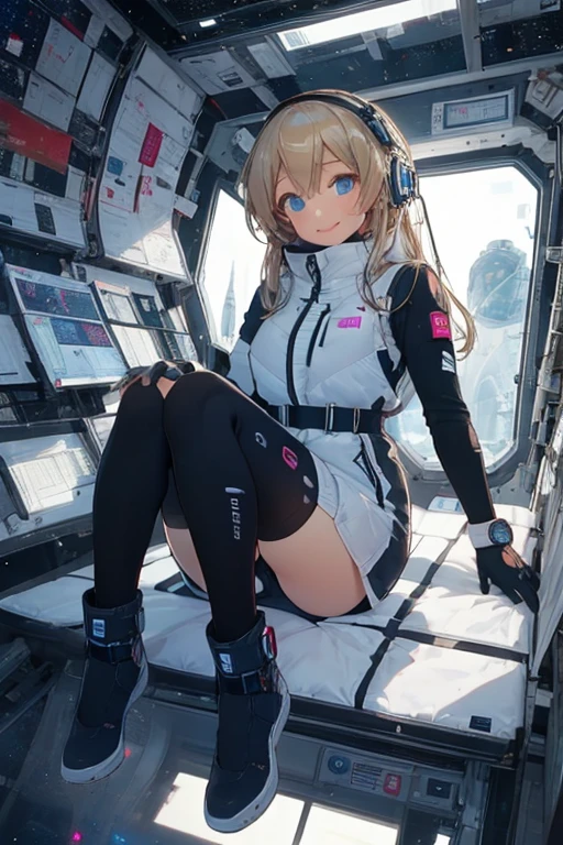 masterpiece, highest quality, high resolution, breasts, 20yo,1 girl,(solo):2,,blonde hair,(inside space station):2,flying:2,floatong:2,zero gravity,wind:1.5,anime lovelive style,

BREAK
headphone,(futurstic tight-fit bodysuit):2,(shiny silver long downvest):100,(northface silver metallic puffy downvest):2,(puffy):2,(black sleeves):5,(black tights):2,(black belt),futuristic boots and gloves,(smartwatch):100,astrovest
BREAK
1 girls, sitting in spacecraft cabin with 4-point seat belt, securely fastened, space station interior, looking out of large windows at Earth below, beautiful eyes, she have aluminum foil pouch,(aluminum foil pouch with plastic viewing window):2, contains nutritious liquid or puree together, smiling and chatting, bright and cheerful expressions, high quality cinematic lighting, detailed textures, sharp focus,blue hair,blue eyes,
