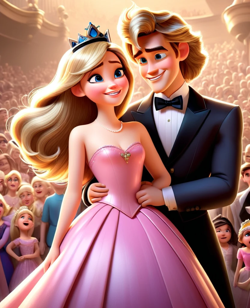 Pixar Mom, attractive woman, super high detail, erotic, light skin and long hair, a blonde princess and a handsome prince. The princess on the left is wearing a pink dress, a crown on her head, her eyes are wide open and she is staring at the prince with a smile on her face. The prince is wearing a black dress with a black bow tie. His hair is short and brown and he has a black bow. With a crowd of people