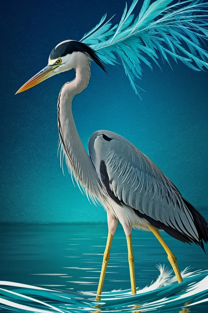 Heron that has its feathers bright blue and green, background that is surrounded between fire and water, anime style