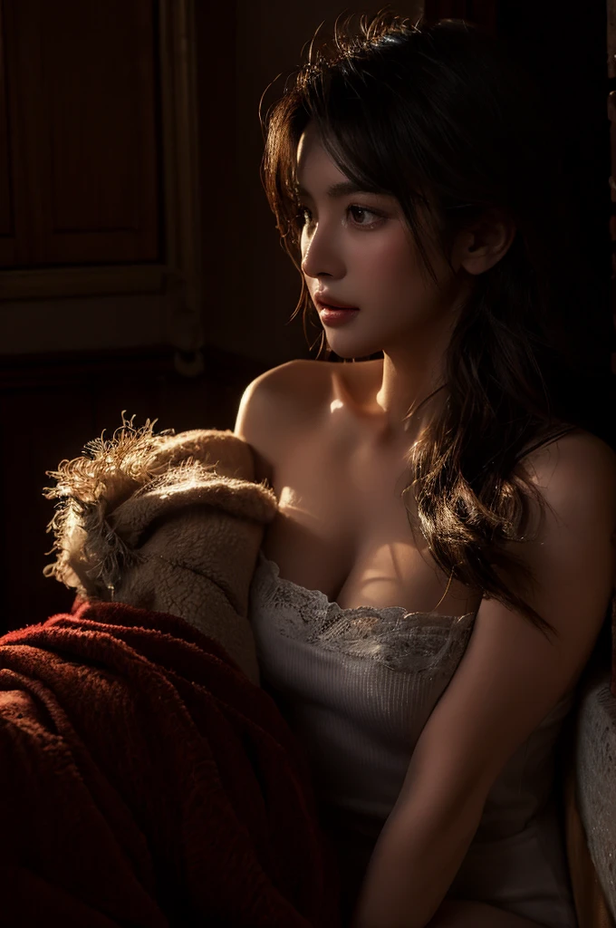 a romantic intimate encounter between a man and woman in an attic under the moonlight, extremely detailed eyes, lips, and faces, realistic, high quality, portrait style, soft warm lighting, mystical atmosphere with shadows and dust, nostalgic antique furniture, comfortable sofa, whispers of love, gentle touch and embrace, topless, stars in the night sky, chiaroscuro, cinematic, dramatic lighting, moody, atmospheric, intimate, sensual, romantic, passionate, tender, moonlight glow, natural skin tones, detailed fabric textures, elegant poses, intricate details, photorealistic, volumetric lighting, dramatic shadows, mystical, dreamlike