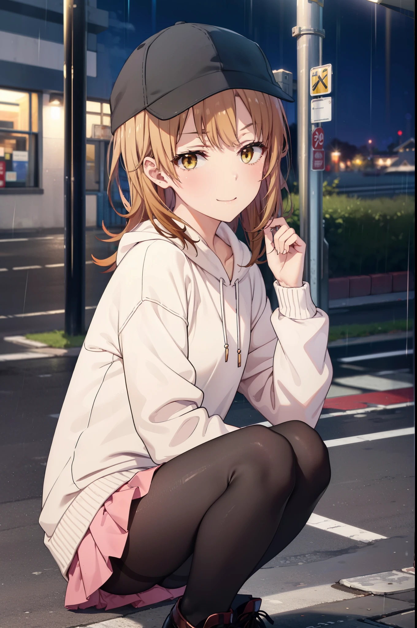 Irohaisshiki, isshiki iroha, Long Hair, Brown Hair, (Brown eyes:1.5), happy smile, smile, Close your mouth,blush,rain,night,Baseball hats,Pink oversized hoodie,mini skirt,Black pantyhose,short boots,Sitting on a bus stop bench、,Hidden in a covered building bus stop,whole bodyがイラストに入るように,
break outdoors, バス停
break looking at viewer,whole body,
break (masterpiece:1.2), Highest quality, High resolution, unity 8k wallpaper, (figure:0.8), (Beautiful attention to detail:1.6), Highly detailed face, Perfect lighting, Highly detailed CG, (Perfect hands, Perfect Anatomy),