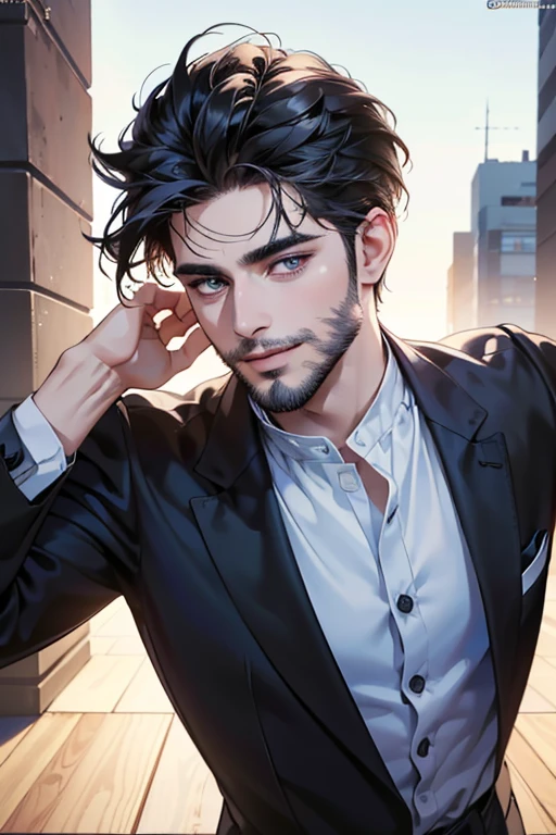 a handsome 35 year old man, 3 day beard, dark hair, sharp jawline, mesmerizing eyes, perfectly styled hair, wearing cool anime outfit, confident expression, vibrant colors, dynamic lighting, CEO, expression, smile in love, (best quality,4k,8k,highres,masterpiece:1.2),ultra-detailed,(realistic,photorealistic,photo-realistic:1.37)