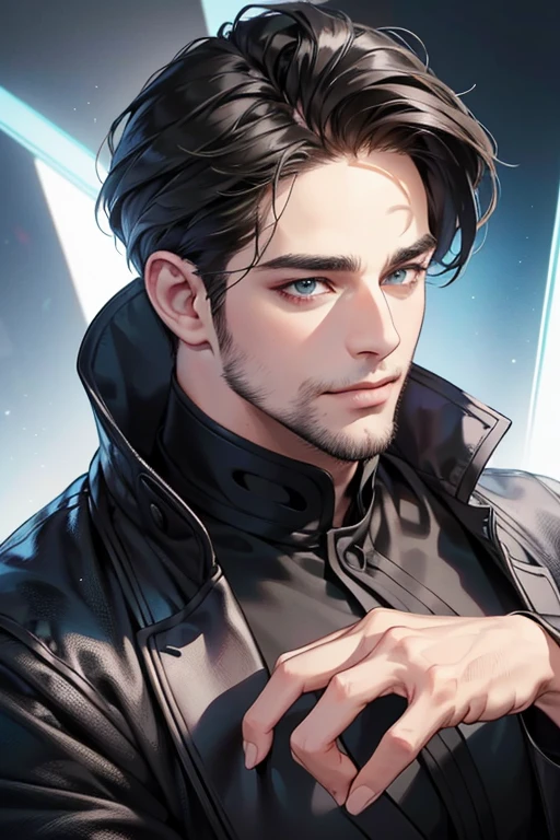 a handsome 35 year old man, 3 day beard, dark hair, sharp jawline, mesmerizing eyes, perfectly styled hair, wearing cool anime outfit, confident expression, vibrant colors, dynamic lighting, CEO, expression, smile in love, (best quality,4k,8k,highres,masterpiece:1.2),ultra-detailed,(realistic,photorealistic,photo-realistic:1.37)