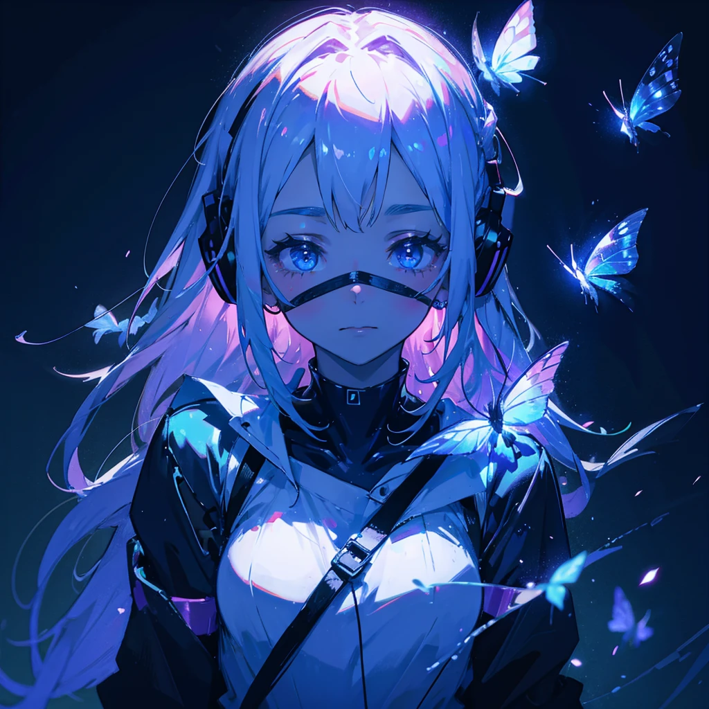 blindfolded young woman wearing headphones, glowing iridescent colors, moths resting on blindfold, only face in frame