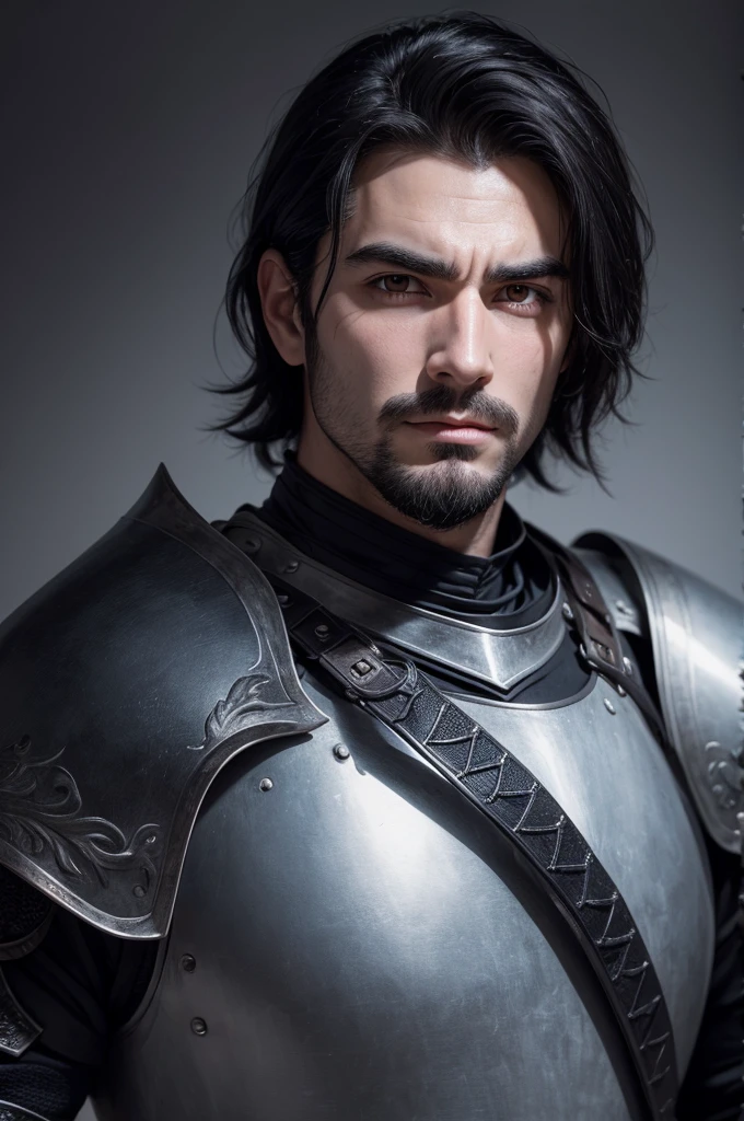 A beardless man ugly knight with black hair 