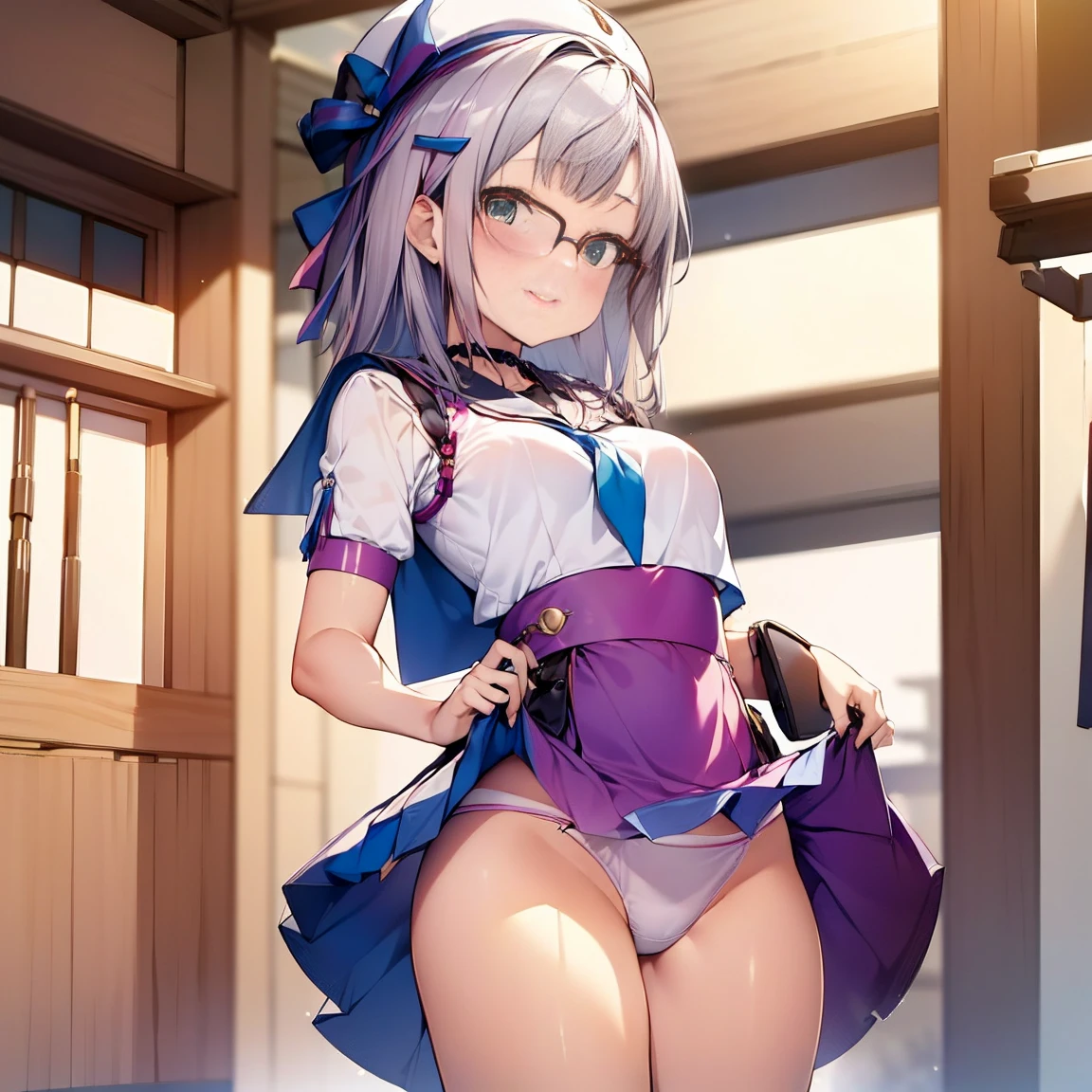 8K、masterpiece、Japanese、Woman wearing glasses、Neon(nod)、from the front、smile、Childish、Small breasts、See-through underwear、night、Bedroom、Show your underwear、mini skirt