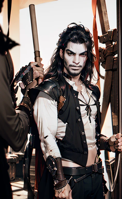 (Best Quality:1.3), Filming of movies, Masterpiece, (sharp focus:1.5), (natural:1.3), Medium portrait (a man with long hair dressed as an aztec warrior, serious face, with a shield in his left arm and a club in his right hand., Give the scene a dark atmosphere.,But the shape has a stark contrast between light and dark.), evening, (highly refined leather), (detailed face), detailed background, Dark light, twilight lighting, volumetric lighting, intricate details, ultra high definition,