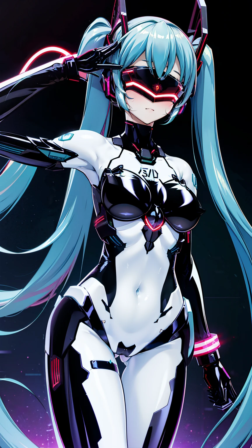 {{1 female},{{{{{Tabletop++, Highest quality++, Super detailed+, Ultra-high resolution,(Realistic:1.4)Cowboy Shot,Hatsune Miku, (vocaloid)RAW Photos,(Hatsune Miku)+,(Hatsune Miku)+, (vocaloid) Expressionless, Light blue hair, Red eyes ,clavicle, Twin tails, ((Black Bodysuit 1.6)),so beautiful, Highest quality, Absurd, One Girl, Brainwashed,}}}} Hollow Eyes,(Eyes glow red :1.4)), ((Big Breasts:1.1))、(The shape of the genitals is clearly visible)) cyber punk, Dark Lab, Dark Room,(Neon Light:1.2), (night:1.5), (Stand up and raise your right arm in a salute, Place your left hand on your hip)