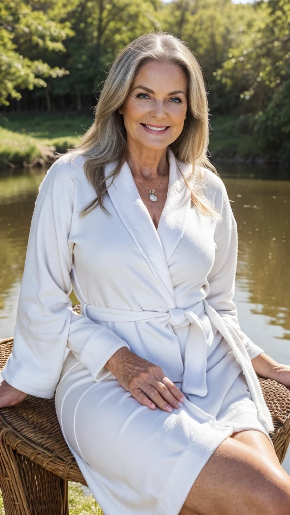mature woman in, 60 years old, Alone, Long hair, Looking at the viewer, GrayBlonde hair, curvy body, Brown eyes, Jewelry, Full body, (wearing white Bathrobe with elegant patterned), Distant photo, Realistic, A sexy one, beautiful colour, Perfect skin, 3 bust size, instagram (Realistic, A high resolution),photo size 3:4, 1 cute sexy mature woman, large expressive blue eyes, happy, (8K, raw photo, Best quality, High detail, She sitting on chair, she sat in the chair, she smile with Extraordinary Pleasure expression, river and Meadow views background