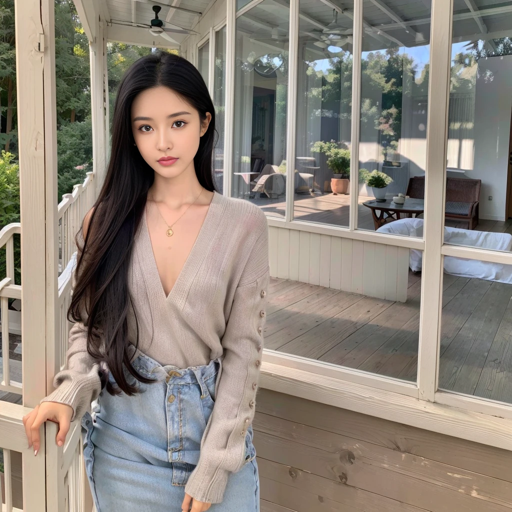 ,Masterpiece, Best quality,8K, ultra-high-resolut, girl with detailed shoulder-length black hair, detailed very white skin, angelic face, Russian model, soft detailed lips, detailed blue eyes(on the porch of his house, gray neutral light.) with a gray sweater, a little big chest