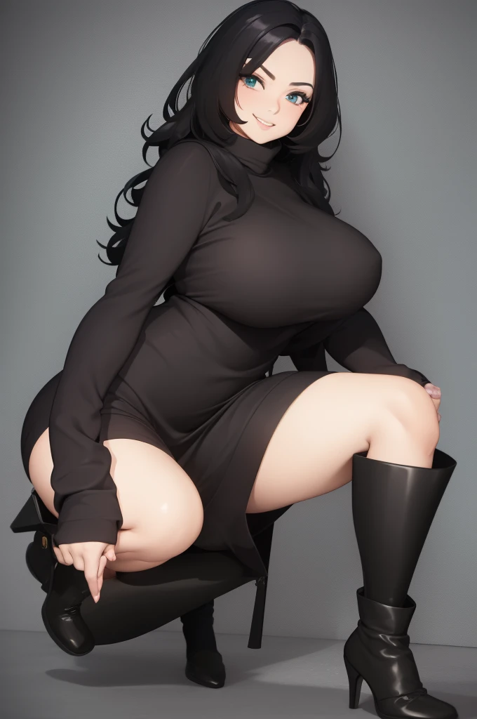milf with big tits showing vagina, hair with black, big sweater, long boots and seductive smile